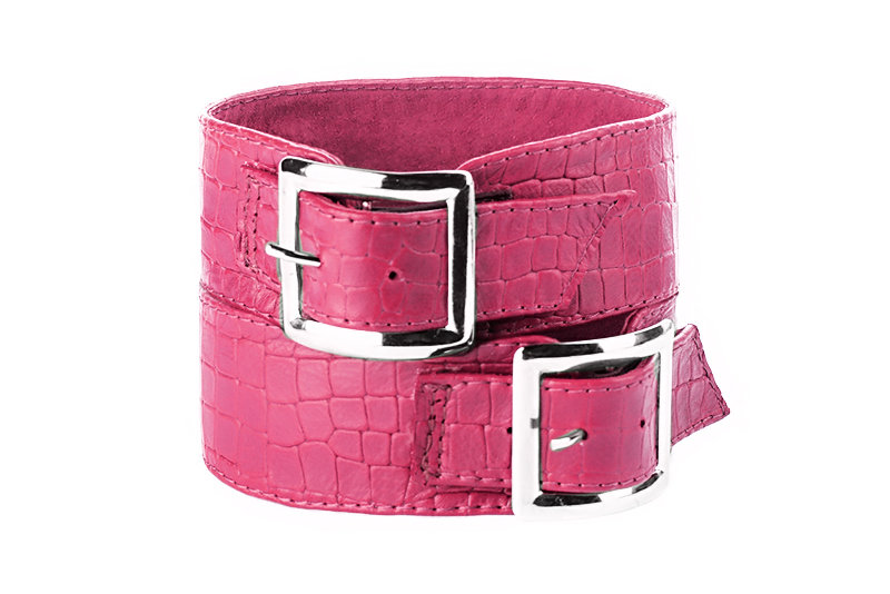 Fuschia pink women's calf bracelets, to wear over boots. Front view - Florence KOOIJMAN